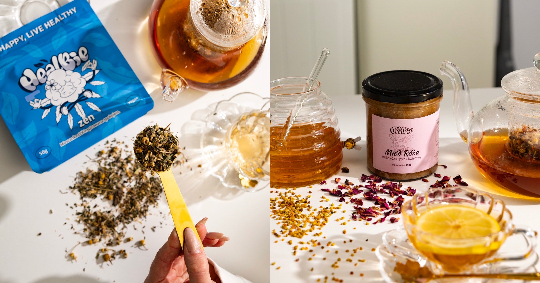 miód kremowany wielokwiatowy róża, mieszanka ziół z rumiankiem