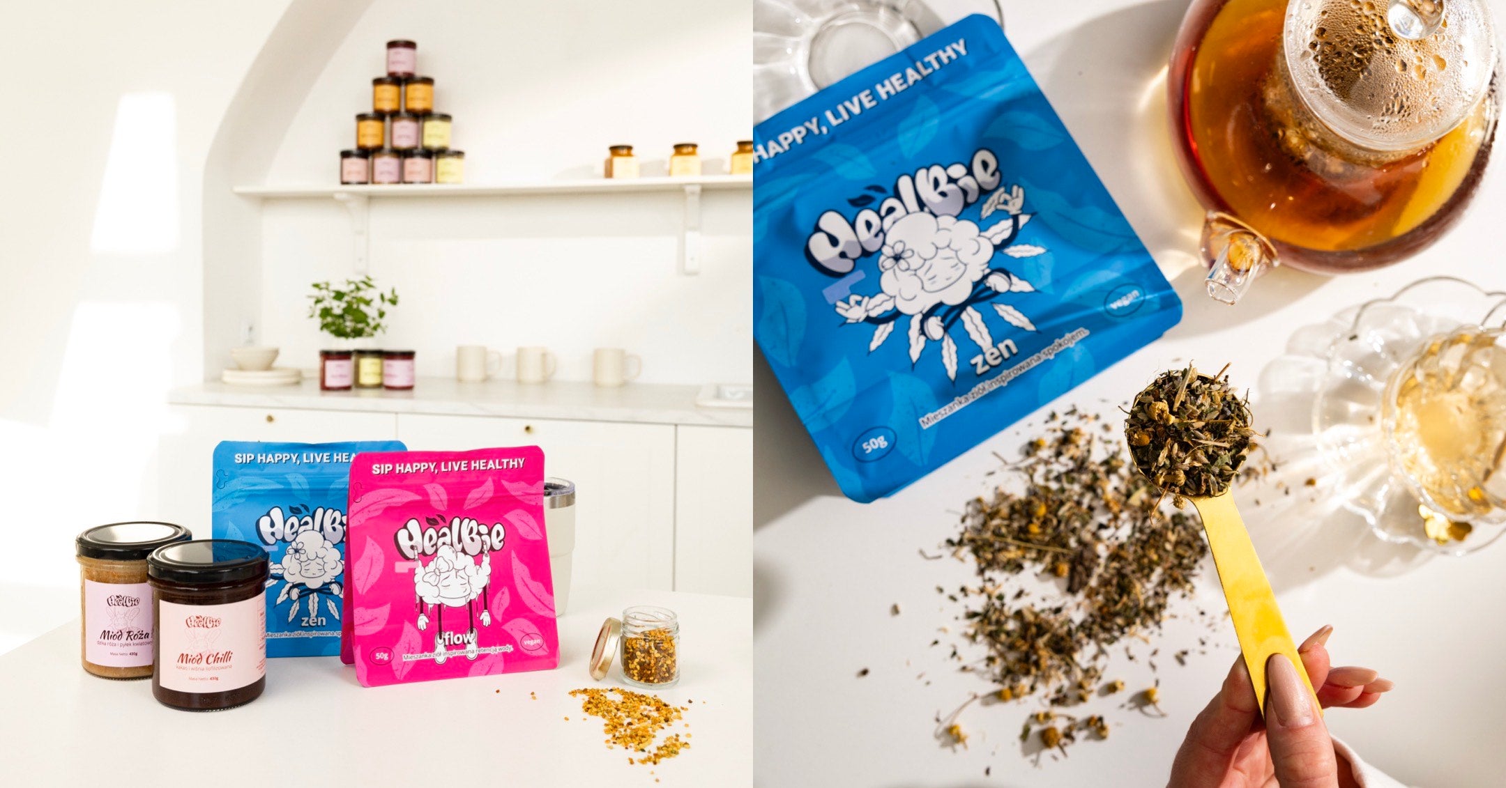 miody kremowane w słoikach róża i chilli, mieszanki ziołowe z rumiankiem, widok suszu